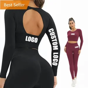 Women's Workout 2 Piece Outfits Seamless High Waist Yoga Leggings Running Sports Long sleeve Crop Top gym fitness sets