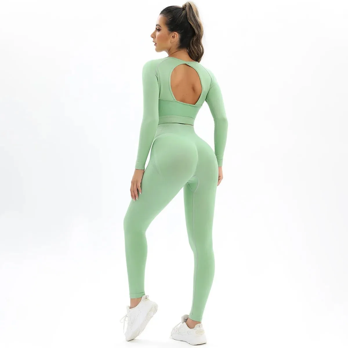 Women's Workout 2 Piece Outfits Seamless High Waist Yoga Leggings Running Sports Long sleeve Crop Top gym fitness sets