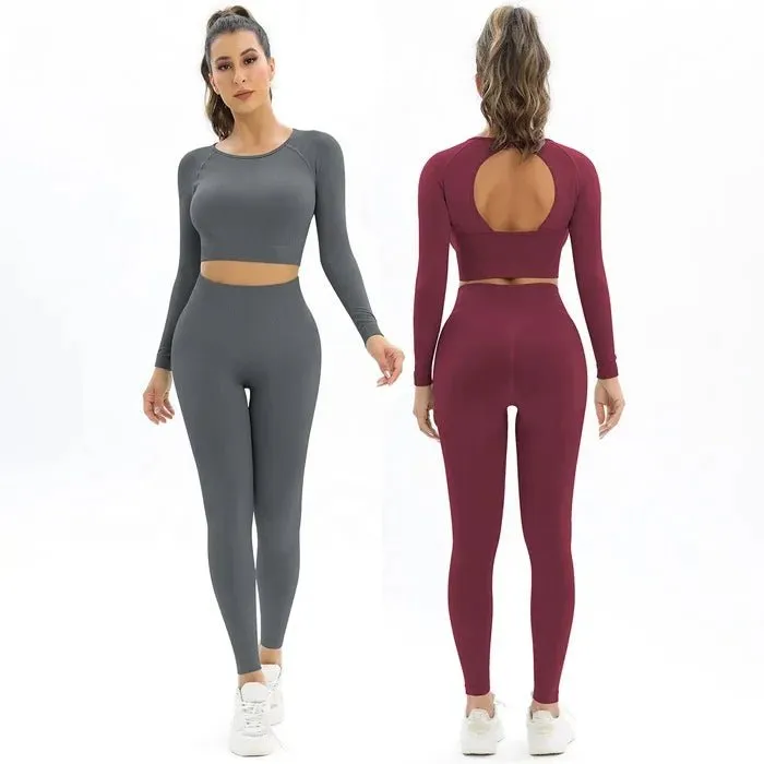 Women's Workout 2 Piece Outfits Seamless High Waist Yoga Leggings Running Sports Long sleeve Crop Top gym fitness sets