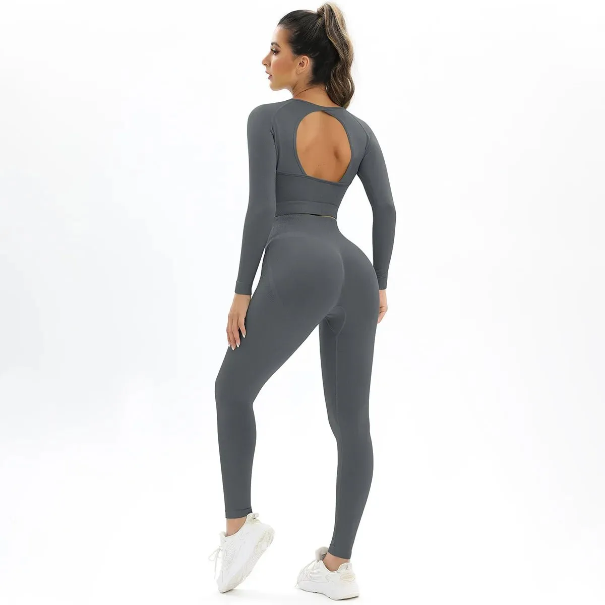 Women's Workout 2 Piece Outfits Seamless High Waist Yoga Leggings Running Sports Long sleeve Crop Top gym fitness sets