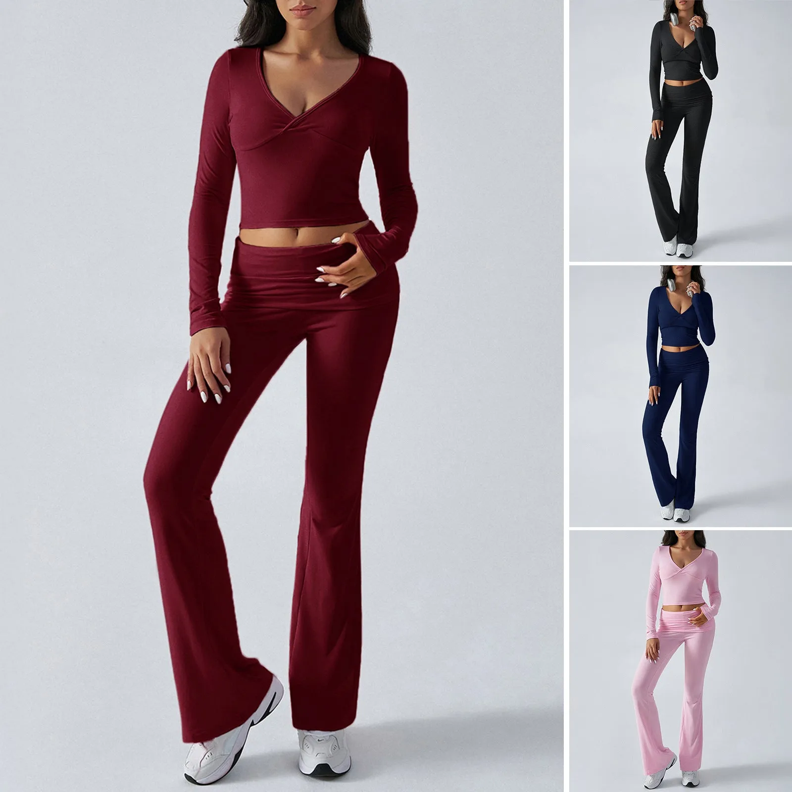 Yoga Wear Slim Fit Athletic Knit Long Sleeve Tops and Pants Two Piece Set Wholesale Womens Clothing N3824101000022