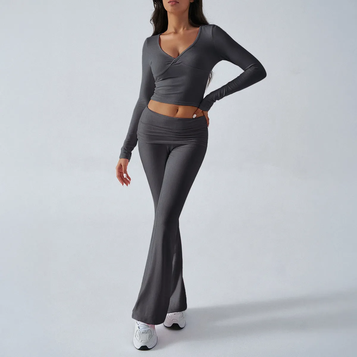 Yoga Wear Slim Fit Athletic Knit Long Sleeve Tops and Pants Two Piece Set Wholesale Womens Clothing N3824101000022