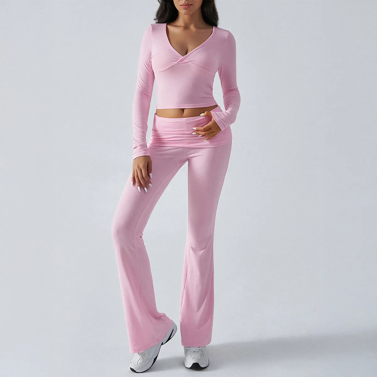 Yoga Wear Slim Fit Athletic Knit Long Sleeve Tops and Pants Two Piece Set Wholesale Womens Clothing N3824101000022