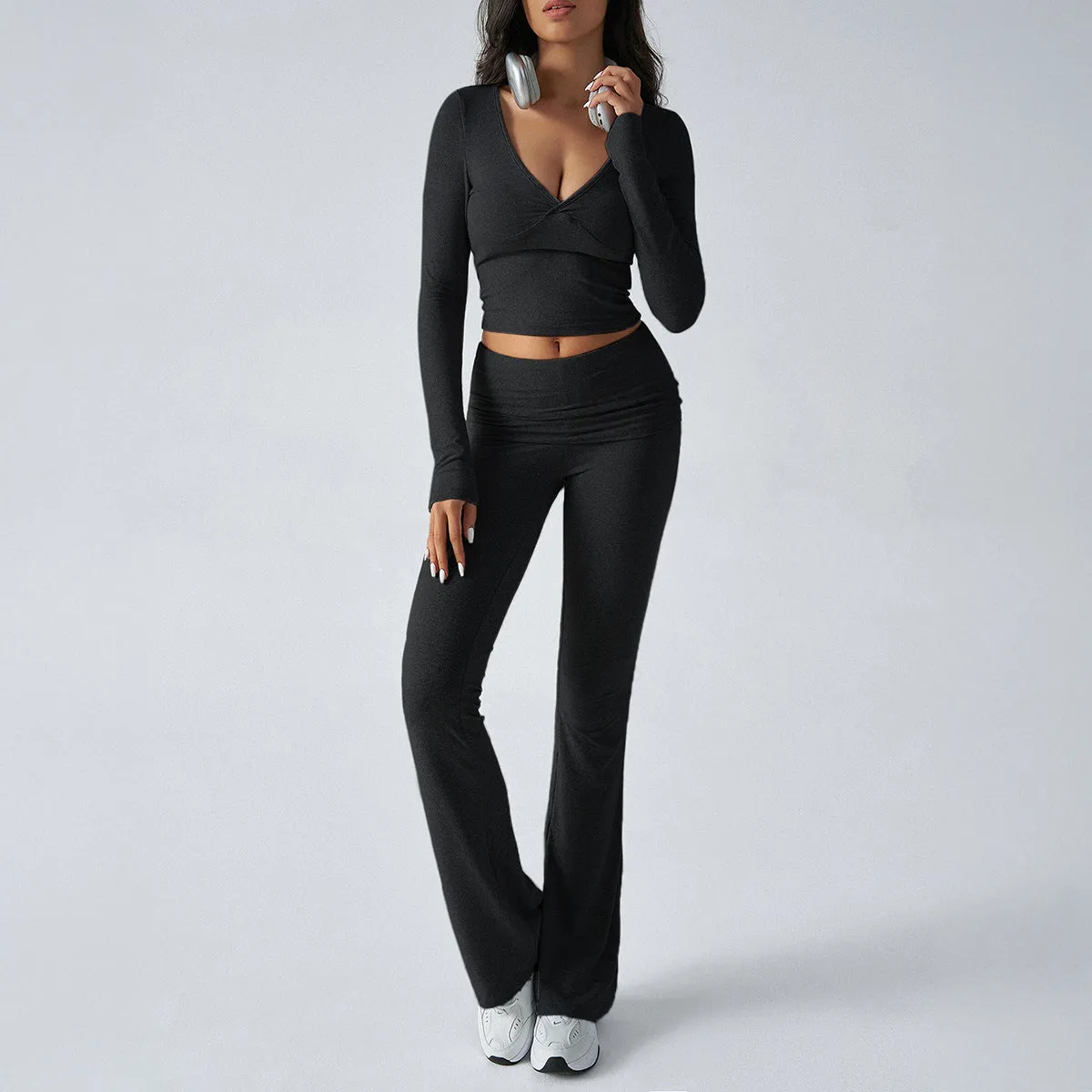 Yoga Wear Slim Fit Athletic Knit Long Sleeve Tops and Pants Two Piece Set Wholesale Womens Clothing N3824101000022