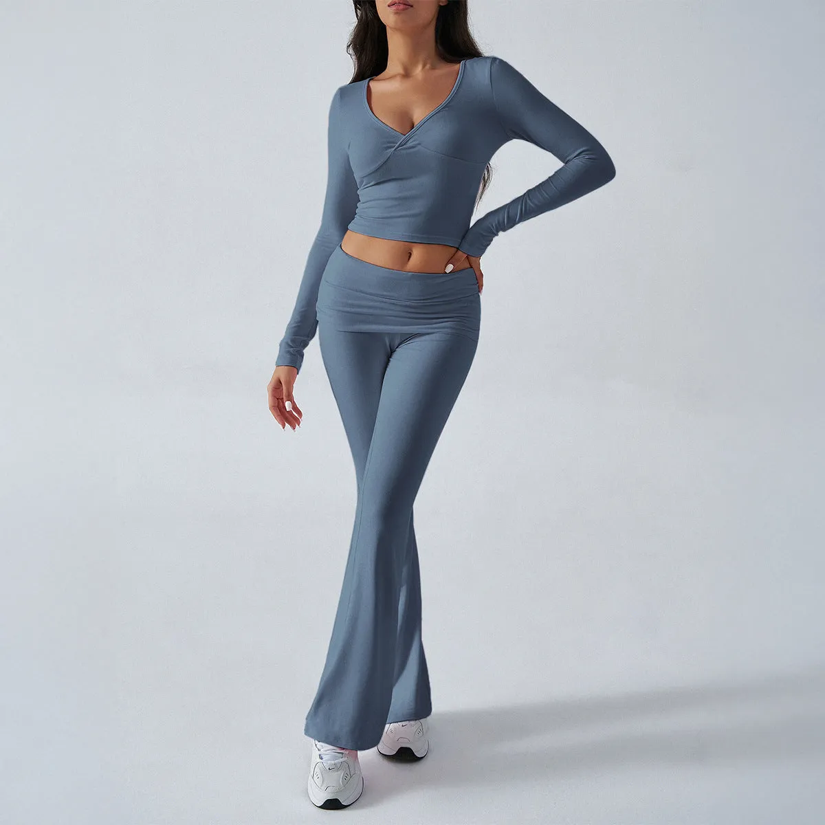 Yoga Wear Slim Fit Athletic Knit Long Sleeve Tops and Pants Two Piece Set Wholesale Womens Clothing N3824101000022