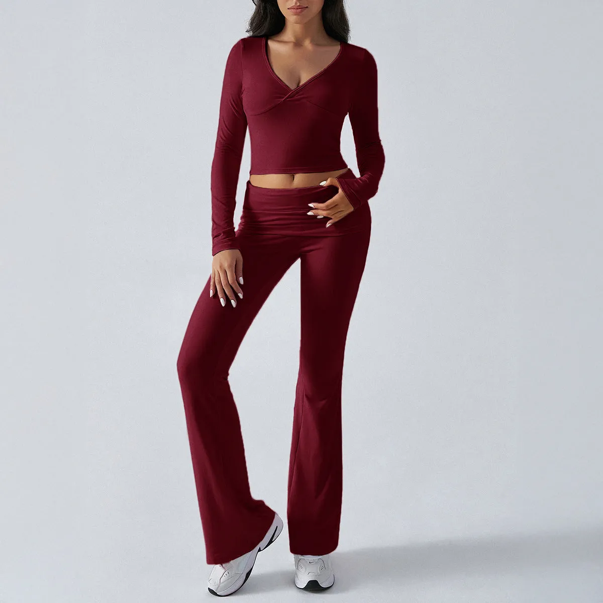 Yoga Wear Slim Fit Athletic Knit Long Sleeve Tops and Pants Two Piece Set Wholesale Womens Clothing N3824101000022